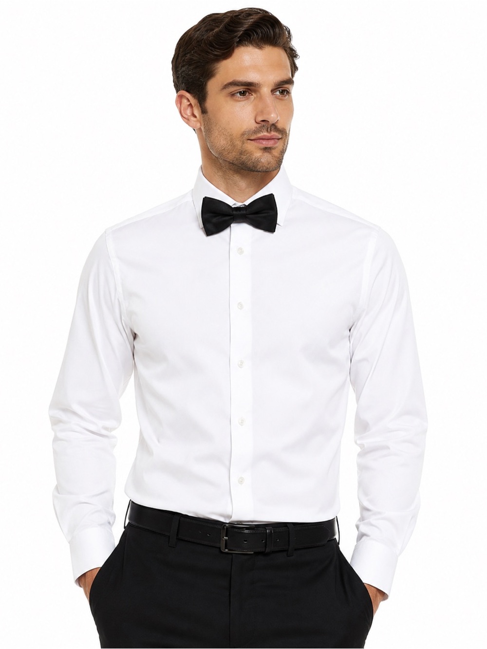 Haggar Men’s White Dress Shirt 17 1/2 34/35 + Black Bow Tie Formal Set Like New